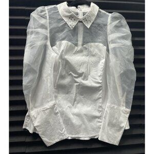 Venus Blouse Women's Top White Stretch Mesh Rhinestones Zip Size 16 Transparent